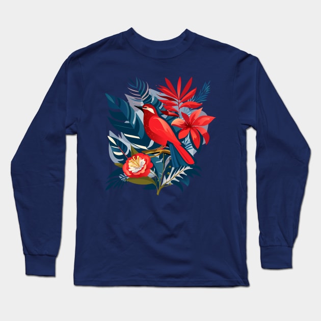 Red bird and exotic flowers Christmas decoration floral Boho chic design Long Sleeve T-Shirt by sofiartmedia